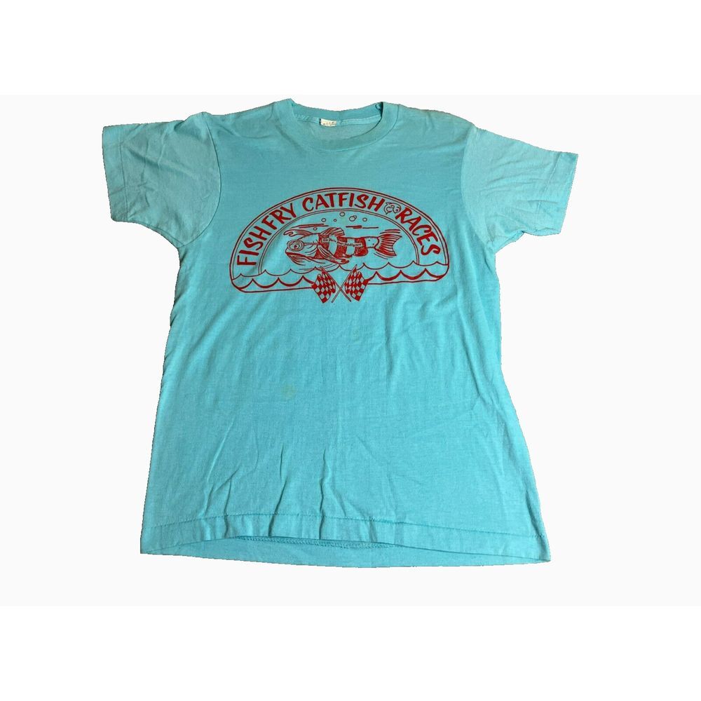 VTG Fishfry Cat Fish Races Shirt Womens Medium Light Blue Single Stitch 80s Lady